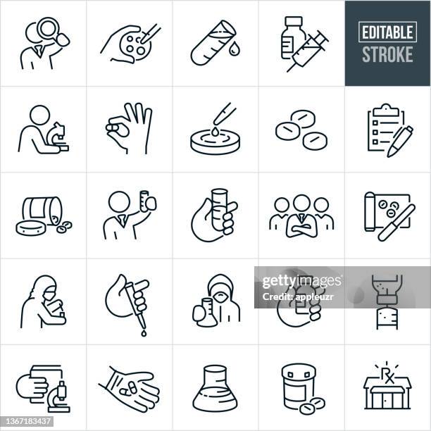 ilustraciones, imágenes clip art, dibujos animados e iconos de stock de iconos de línea delgada de investigación y desarrollo de medicamentos - trazo editable - vial