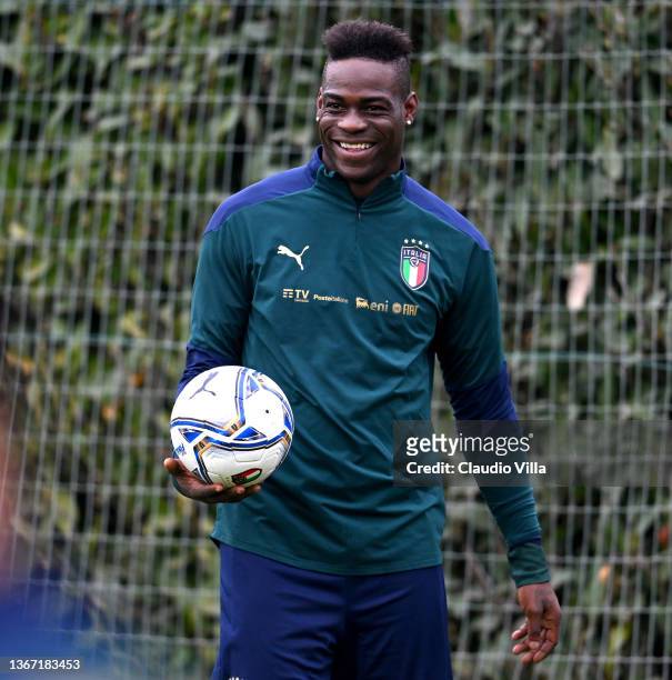 Mario Balotelli of Italy in action during a Italy training session at Centro Tecnico Federale di Coverciano on January 27, 2022 in Florence, Italy.