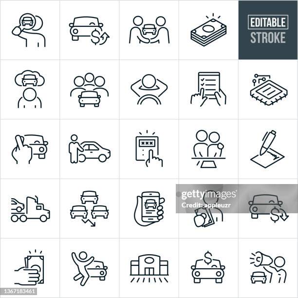 automotive sales thin line icons - bearbeitbarer hub - automobile stock-grafiken, -clipart, -cartoons und -symbole