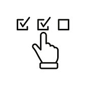 Questionnaire Line Icon. Finger Choice Check List Linear Pictogram. Hand Tick Checkmark Outline Icon. Choice Checkbox in Checklist. Digital Application. Editable Stroke. Isolated Vector Illustration