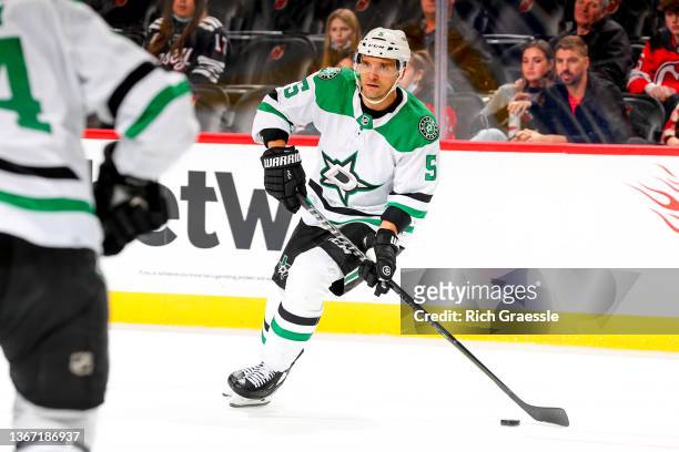 Andrej Sekera of the Dallas Stars skates during the game against the New Jersey Devils on January 25, 2022 at the Prudential Center in Newark, New...