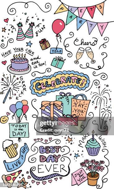 illustrazioni stock, clip art, cartoni animati e icone di tendenza di celebrazione doodles - birthday