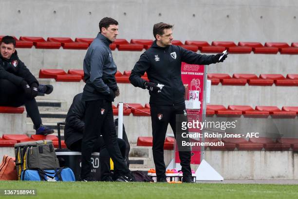 Head Coach Shaun Cooper with assistant Tommy Elphick of Bournemouth during the Premier League Cup match between Southampton U21 and AFC Bournemouth...