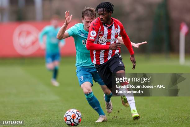 Aaron Roberts of Bournemouth closes down Zuriel Otseh-Taiwo of Southampton during the Premier League Cup match between Southampton U21 and AFC...
