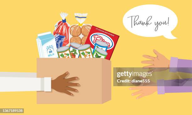 person giving a box of food to another person.  food bank concept in flat colors - begging social issue stock illustrations