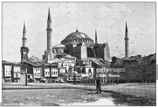 antique travel photographs of constantinople (istanbul): hagia sophia - historical istanbul stock illustrations