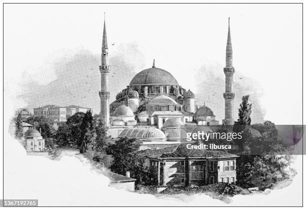 ilustraciones, imágenes clip art, dibujos animados e iconos de stock de fotografías de viajes antiguos de constantinopla (estambul): minaretes característicos - mezquita