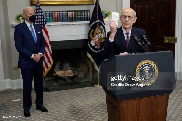 Retiring U.S. Supreme Court Justice Stephen Breyer speaks alongside President Joe Biden, during a retirement ceremony at the White House on January...