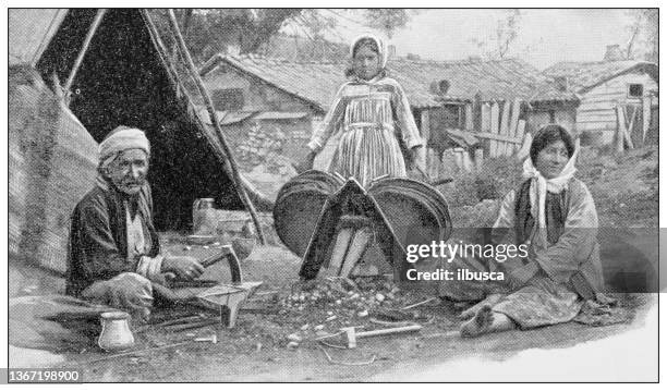 antique travel photographs of constantinople (istanbul): gypsy camp - ottoman woman stock illustrations