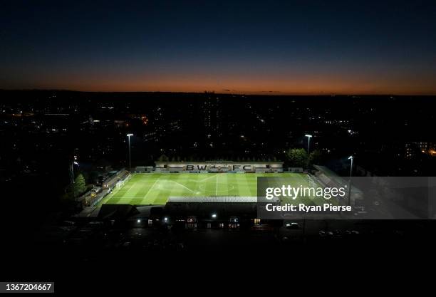 An aerial view of Meadow Park prior to the FA Womens Super League match between Arsenal Women and Brighton & Hove Albion Women on January 27, 2022 in...