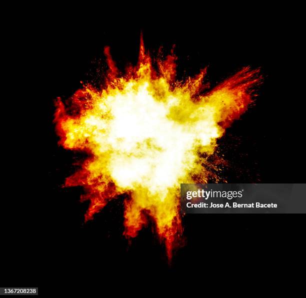 explosion, cloud of fire, smoke and sparks on a black background. - 炎 ストックフォトと画像