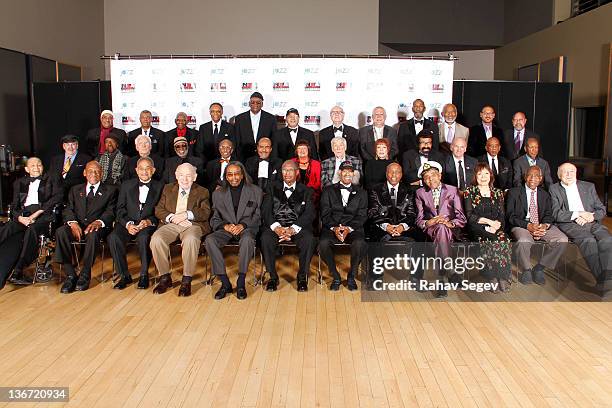 Front row ;Jimmy Scott, Candido Camero, Wrank Wess, George Wein, Chico Hamilton, Curtis Fuller, Gerald Wilson, Roy Haynes, Jon Hendricks, Toshiko...