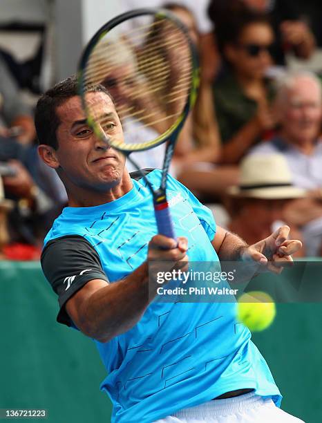 Nicholas Almagro of Spain plays a shot during his match against Santiago Giraldo of Columbia on day three of the 2012 Heineken Open at the ASB Tennis...