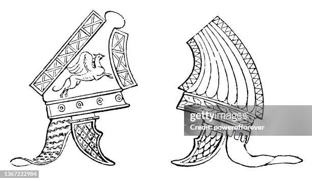 ancient phrygian helmet, drawing by thomas hope - 18th century - 12th century bc stock illustrations