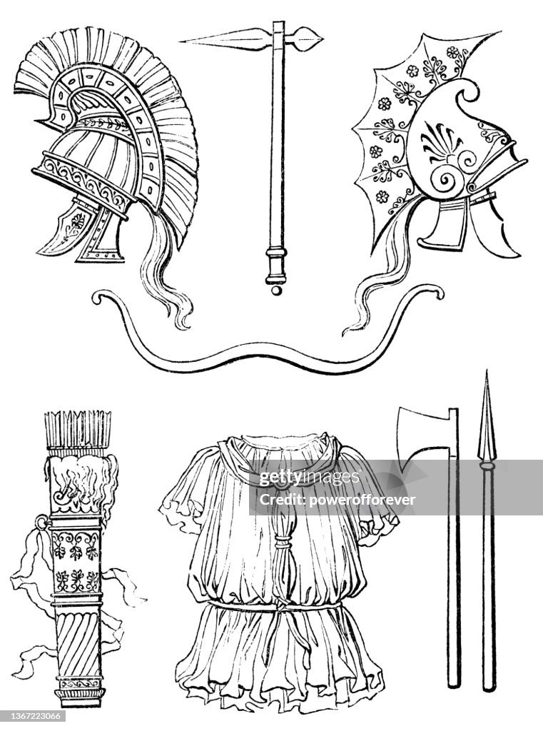 Ancient Phrygian Clothing and Weapons, Drawing by Thomas Hope - 18th Century