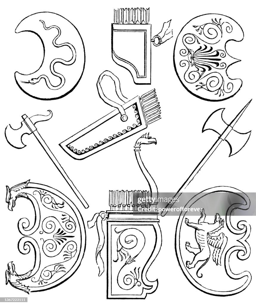 Ancient Phrygian Shields and Weapons, Drawing by Thomas Hope - 18th Century