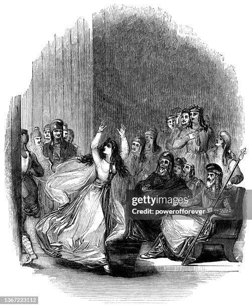 cassandra shouting that “helen needs to be released, or troy will burn!” - works of william shakespeare - ancient greek oracle stock illustrations
