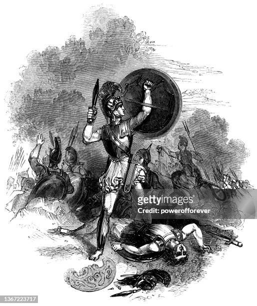 achilles stands victorious over hector’s dead body - works of william shakespeare - achilles stock illustrations