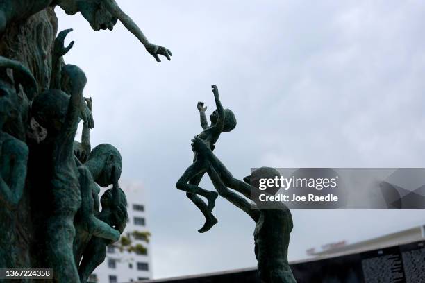 Part of a statue by artist Kenneth Treister depicting the victims of the Holocaust at the Holocaust Memorial Miami Beach on International Holocaust...