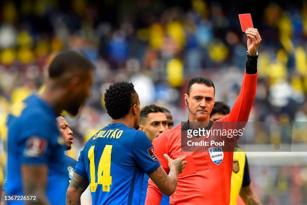 Referee Wilmar Roldan shows read card to Emerson of Brazil during a match between Ecuador and Brazil as part of FIFA World Cup 2022 Qatar Qualifiers...