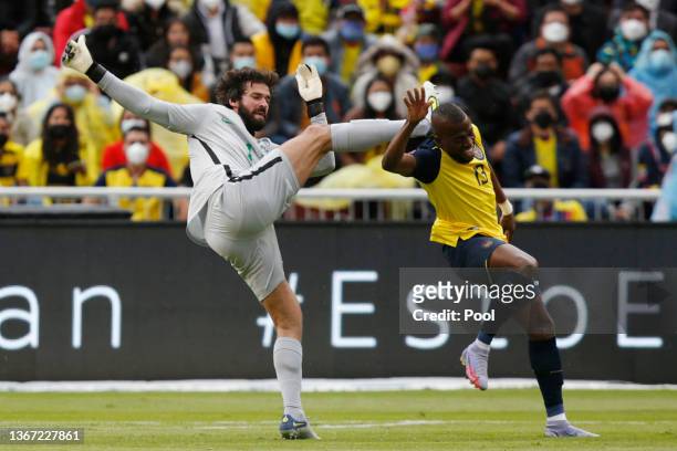 Alisson Becker of Brazil collides with Enner Valencia of Ecuador during a match between Ecuador and Brazil as part of FIFA World Cup 2022 Qatar...