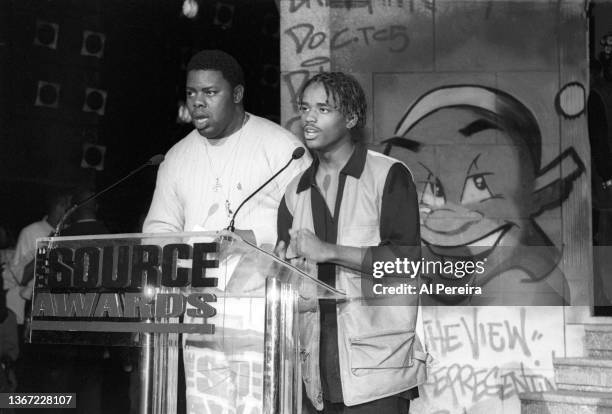 Rapper Biz Markie is shown presenting an award with Larenz Tate at The Theater at Madison Square Garden on April 25, 1994 in New York City.