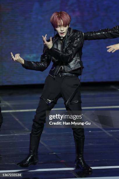 Taeyong of boy band NCT 127 perform during the 11th Gaon Chart Music Awards at Jasmil Indoor Gymnasium on January 27, 2022 in Seoul, South Korea.