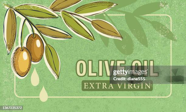 vintage style oliven mit öl mit banner - green olive fruit stock-grafiken, -clipart, -cartoons und -symbole