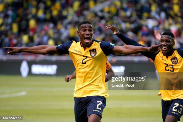 Felix Torres of Ecuador celebrates after scoring the first goal of his team during a match between Ecuador and Brazil as part of FIFA World Cup 2022...