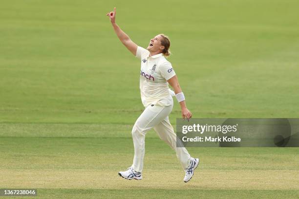 Katherine Brunt of England celebrates taking the wicket of Annabel Sutherland of Australia during day two of the Women's Test match in the Ashes...