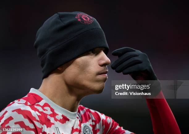 Mason Greenwood of Manchester United during the warm up before the Premier League match between Manchester United and West Ham United at Old Trafford...