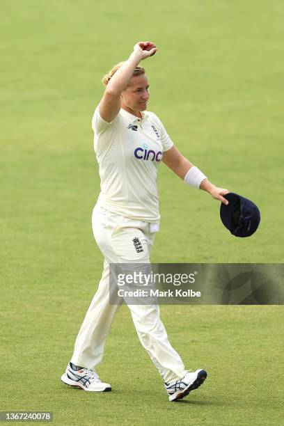 Katherine Brunt of England acknowledges the crowd as she leaves the field celebrating taking 5 wickets during day two of the Women's Test match in...
