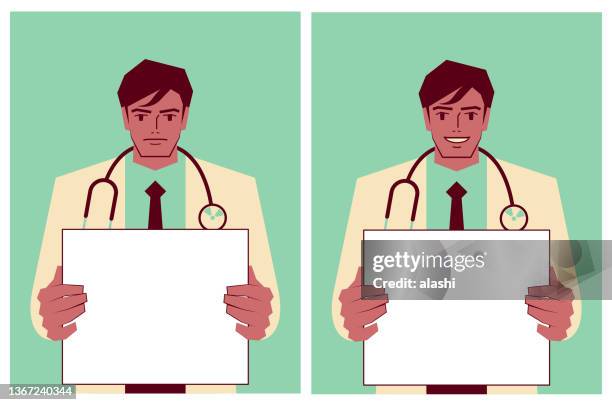 a young doctor wearing a stethoscope holds a blank sign, with facial expressions of smile and serious - arabic doctor stock illustrations