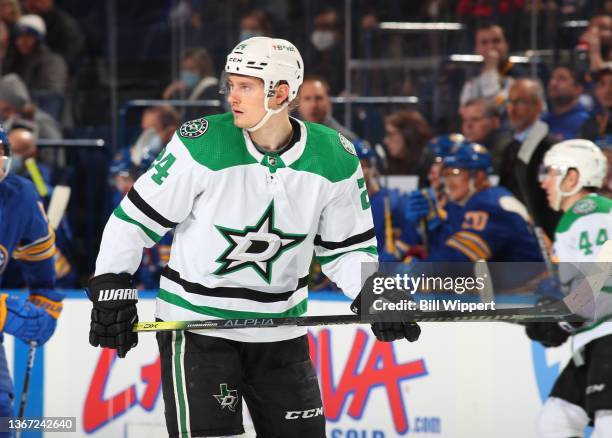 Roope Hintz of the Dallas Stars skates against the Buffalo Sabres during an NHL game on January 20, 2022 at KeyBank Center in Buffalo, New York.