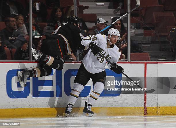 Steve Ott of the Dallas Stars hits Bobby Ryan of the Anaheim Ducks at the Honda Center on January 10, 2012 in Anaheim, California. The Ducks defeated...