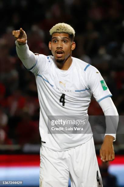 Ronald Araujo of Uruguay reacts during a match between Paraguay and Uruguay as part of FIFA World Cup 2022 Qatar Qualifiers at General Pablo Rojas...
