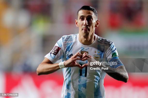 Angel Di Maria of Argentina celebrates after scoring the first goal of his team during a match between Chile and Argentina as part of FIFA World Cup...