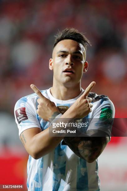 Lautaro Martinez of Argentina celebrates after scoring the second goal of his team during a match between Chile and Argentina as part of FIFA World...