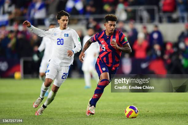 Chris Richards of the United States controls the ball as Enrico Hernández of El Salvador attempts to defends in the second half during the World Cup...