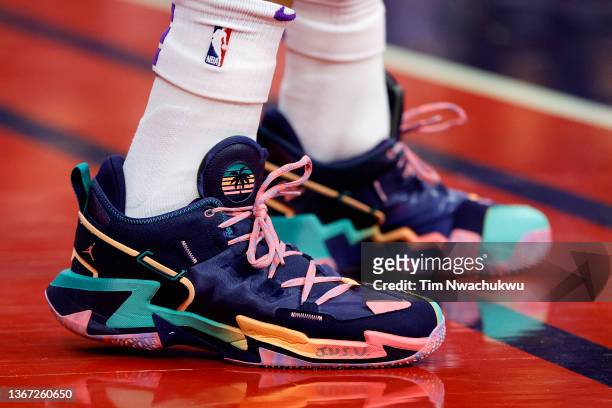 The sneakers worn by Russell Westbrook of the Los Angeles Lakers during a game against the Philadelphia 76ers at Wells Fargo Center on January 27,...