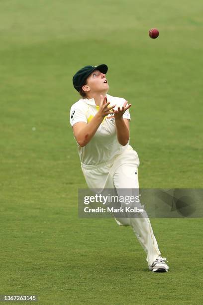 Darcie Brown of Australia sets herself to take the catch to dismiss Amy Jones of England during day two of the Women's Test match in the Ashes series...