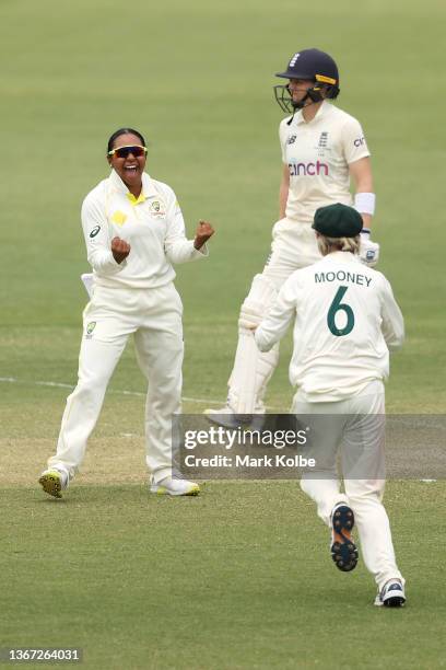 Alana King of Australia celebrates taking the wicket of Katherine Brunt of England during day two of the Women's Test match in the Ashes series...