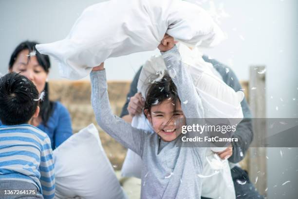 family pillow fight - luta de almofada imagens e fotografias de stock