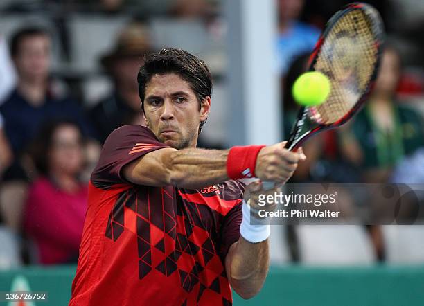 Fernando Verdasco of Spain plays a shot during his game against Carlos Berlocq of Argentina on day three of the 2012 Heineken Open at the ASB Tennis...