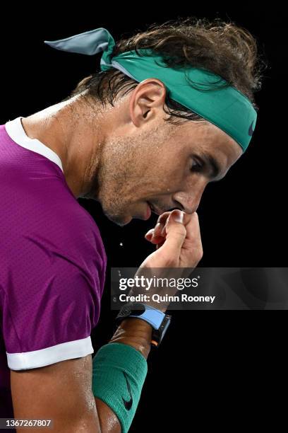 Rafael Nadal of Spain prepares to serve in his Men's Singles semi-final match against Matteo Berrettini of Italy during day 12 of the 2022 Australian...