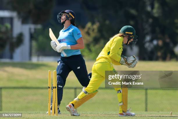 Alice Davidson-Richards of England is run out by Georgia Redmayne of Australia during the Women's One Day International tour match between Australia...