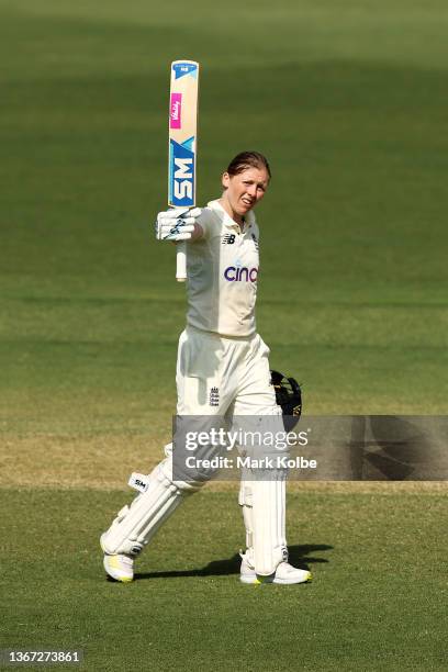 Heather Knight of England celebrates her century during day two of the Women's Test match in the Ashes series between Australia and England at Manuka...