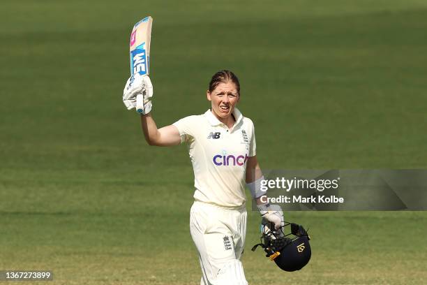 Heather Knight of England celebrates her century during day two of the Women's Test match in the Ashes series between Australia and England at Manuka...