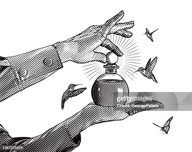 essential oil bottle and hands - aromatherapy diffuser stock illustrations