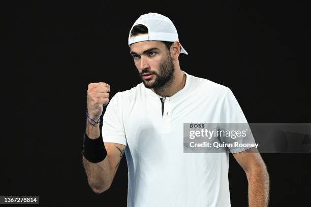 Matteo Berrettini of Italy reacts after winning a point in his Men's Singles semi-final match against Rafael Nadal of Spain during day 12 of the 2022...